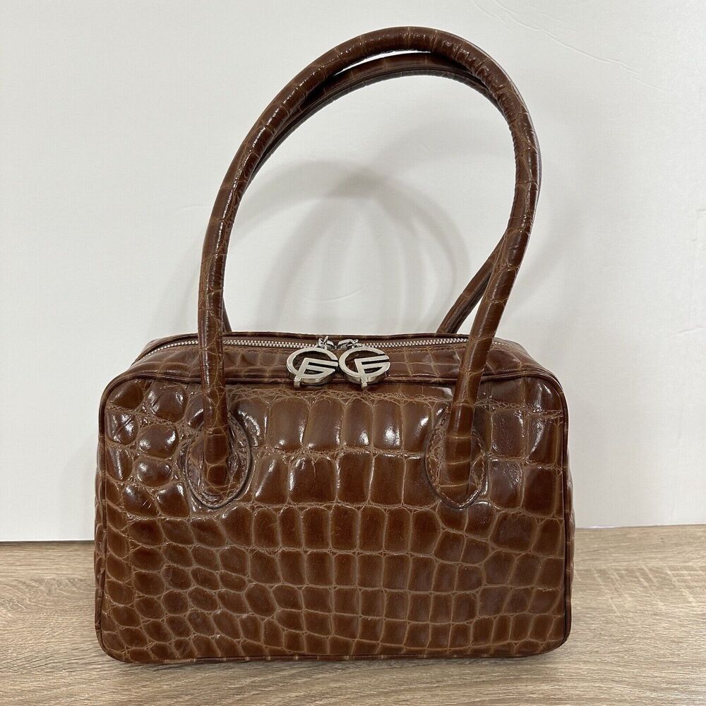 Brown Croc-Embossed Satchel with Top Handles